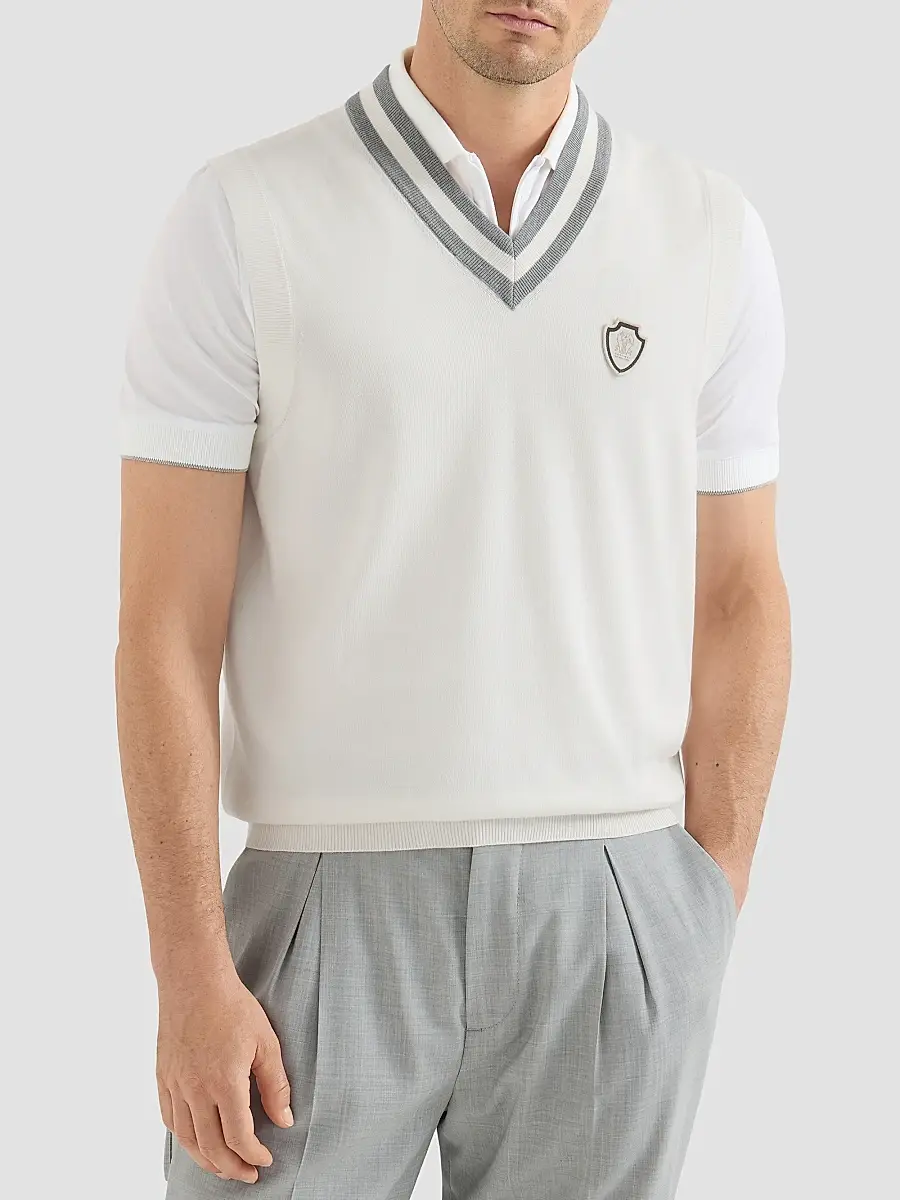 Brunello Cucinelli Men's Cotton Knit Vest with Logo - Panama | Thumbnail 3 Brunello Cucinelli Men's Cotton Knit Vest with Logo - Panama | Thumbnail 3