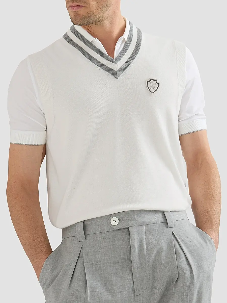 Brunello Cucinelli Men's Cotton Knit Vest with Logo - Panama | Thumbnail 4 Brunello Cucinelli Men's Cotton Knit Vest with Logo - Panama | Thumbnail 4