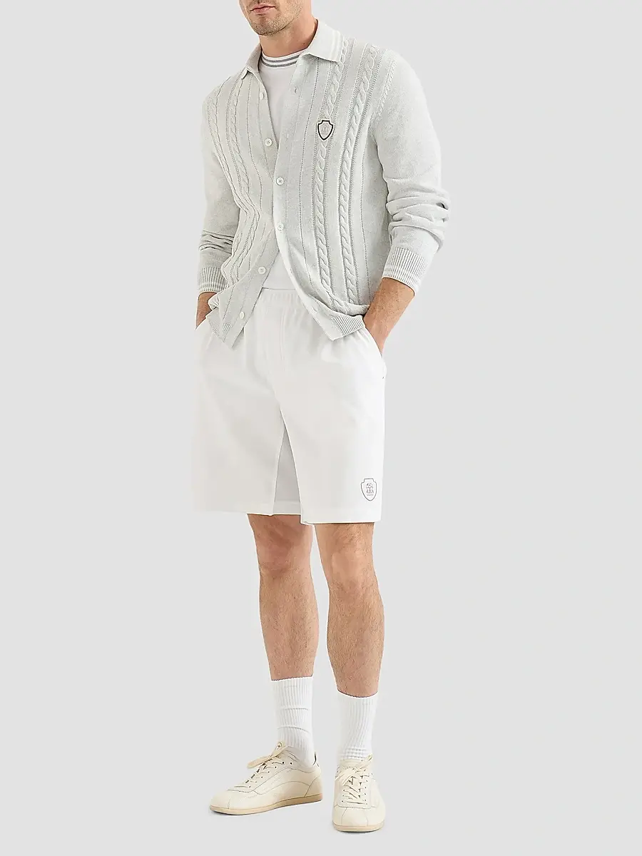 Brunello Cucinelli Men's Cotton Interlock Shorts with Logo - White | Thumbnail 2