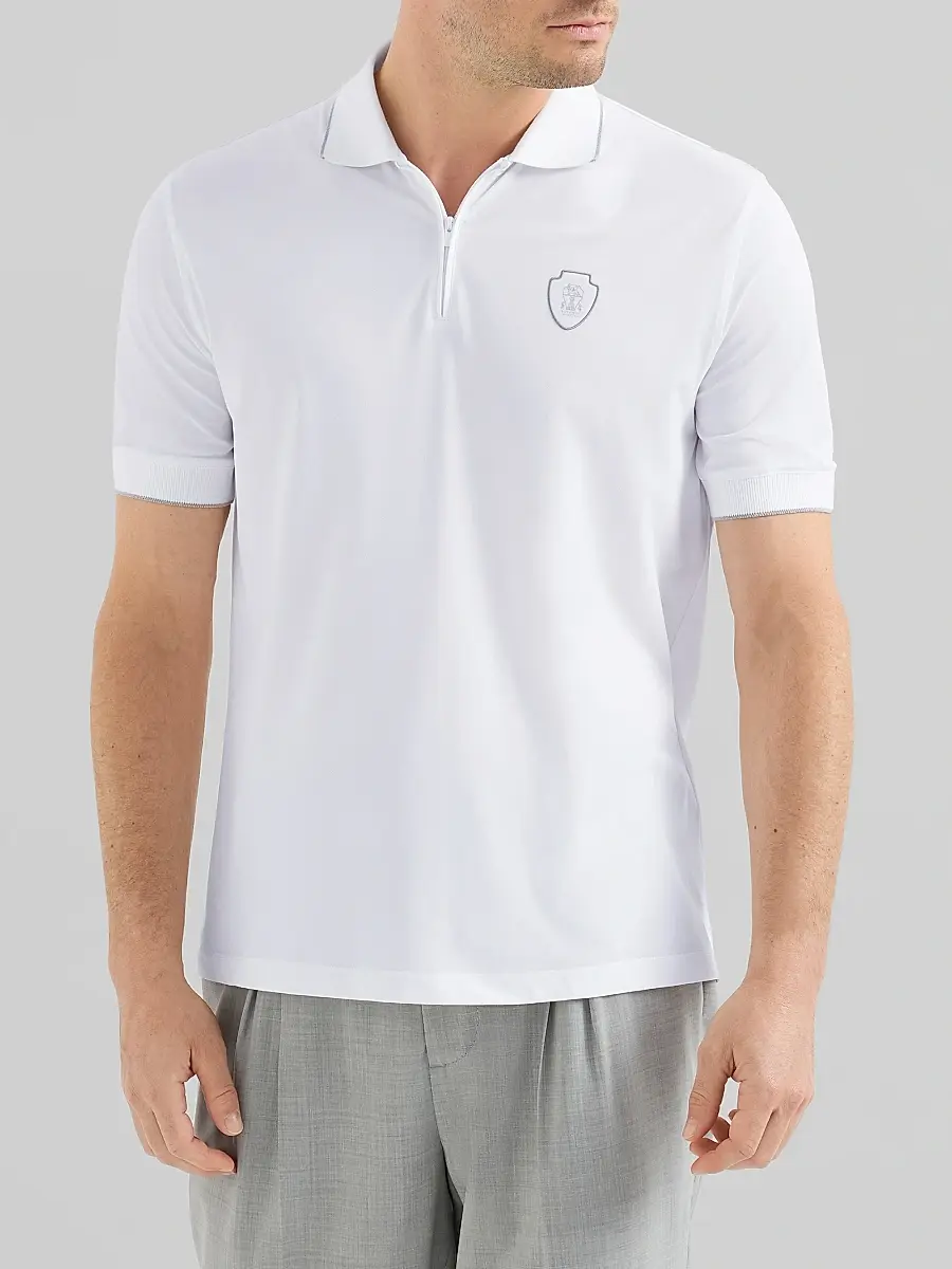 Brunello Cucinelli Men's Techno Piqué Polo Shirt with Half Zip - White | Thumbnail 3