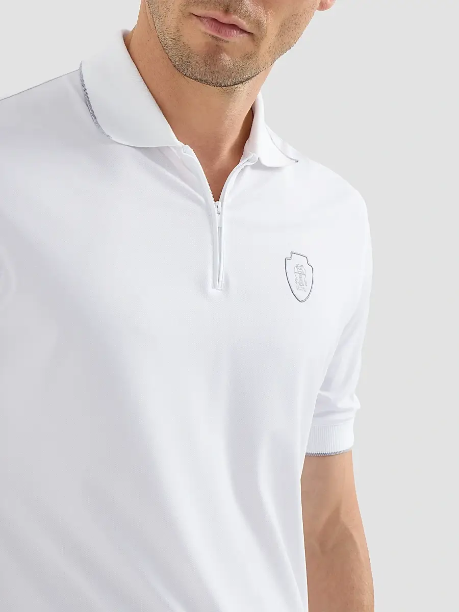 Brunello Cucinelli Men's Techno Piqué Polo Shirt with Half Zip - White | Thumbnail 5