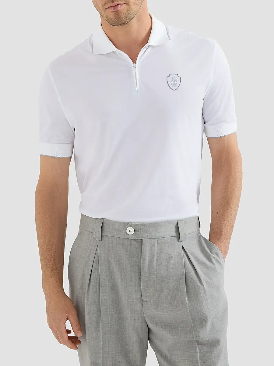 Brunello Cucinelli Men's Techno Piqué Polo Shirt with Half Zip - White | Thumbnail 6