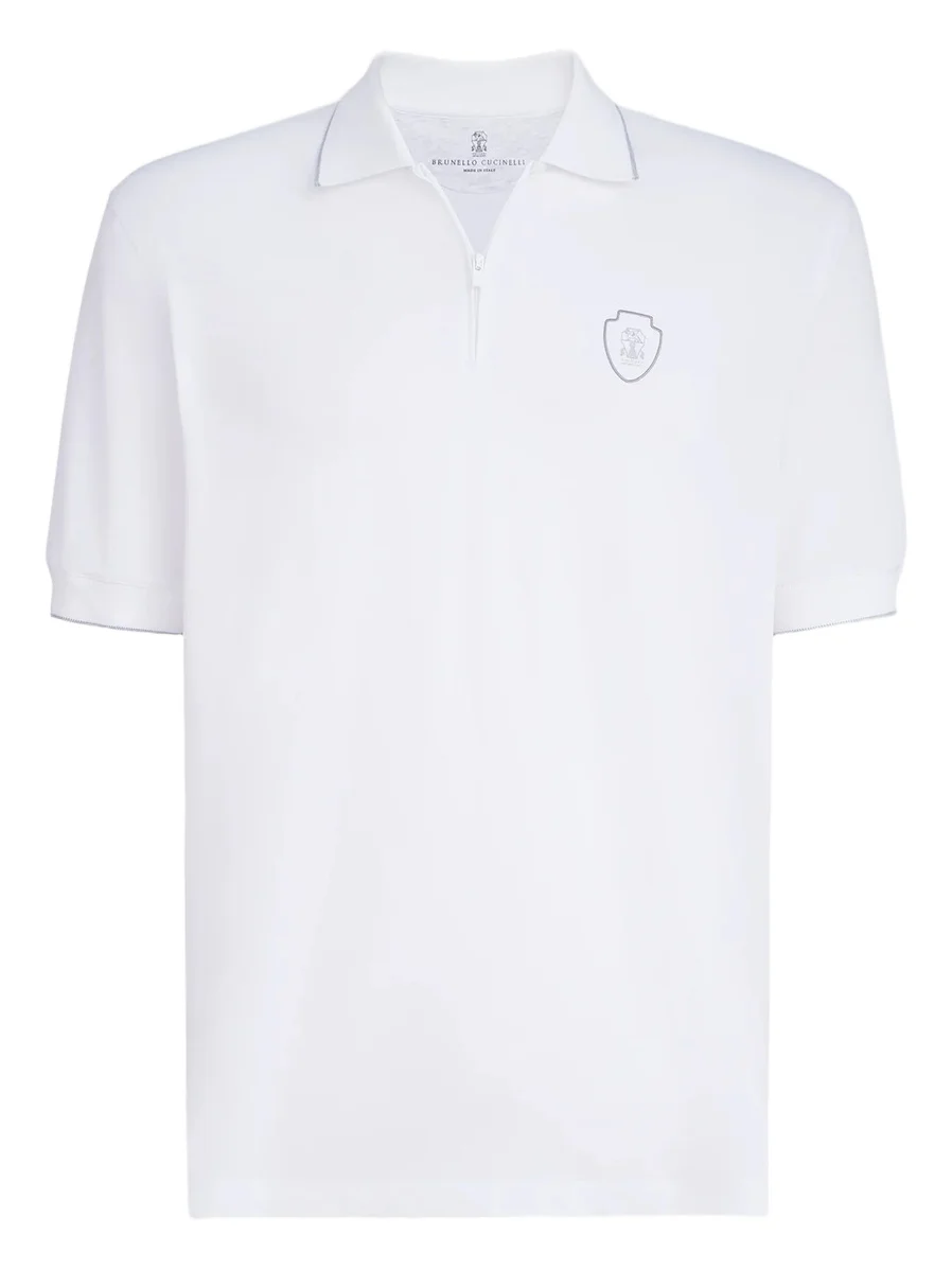 Brunello Cucinelli Men's Techno Piqué Polo Shirt with Half Zip - White