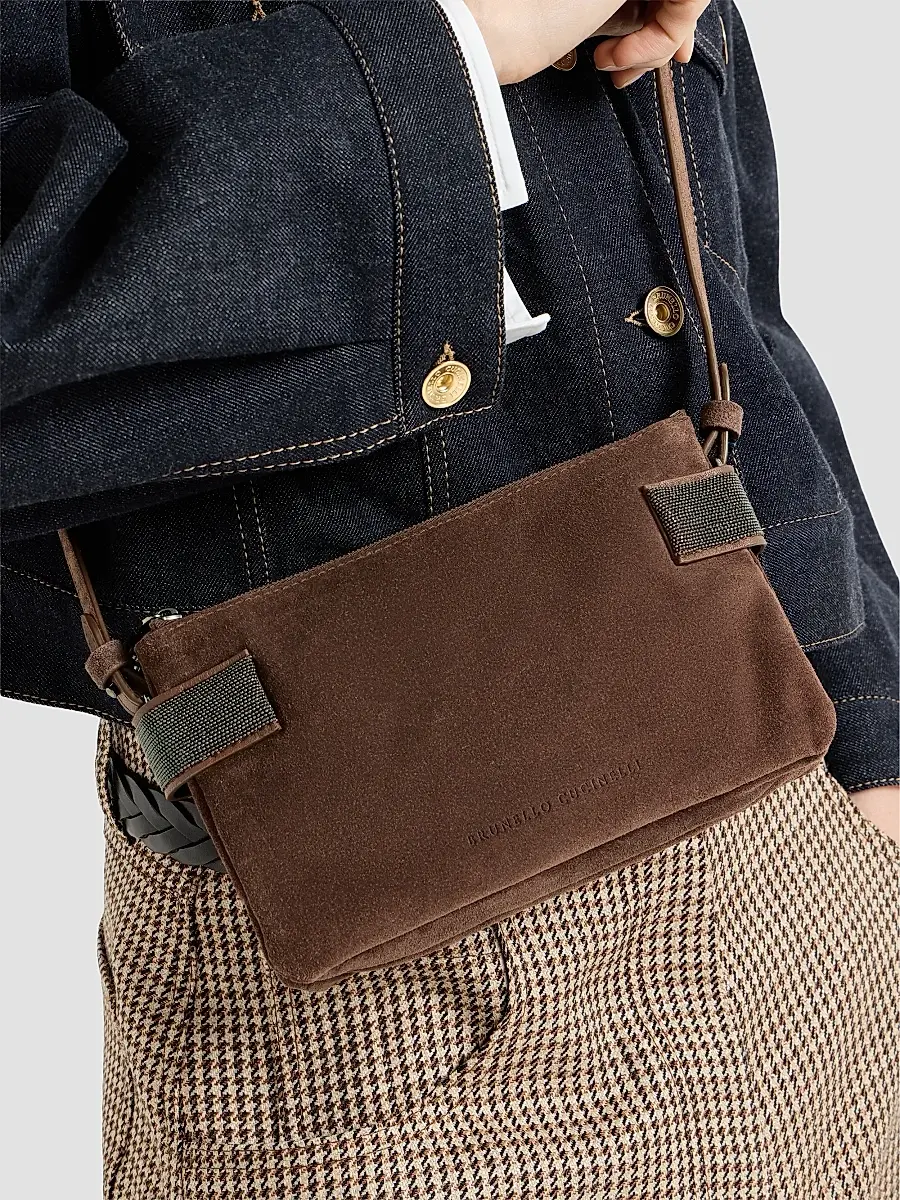 Brunello Cucinelli Women's Essence Mini Shoulder Bag in Suede with Precious Bands - Brown | Thumbnail 2 Brunello Cucinelli Women's Essence Mini Shoulder Bag in Suede with Precious Bands - Brown | Thumbnail 2
