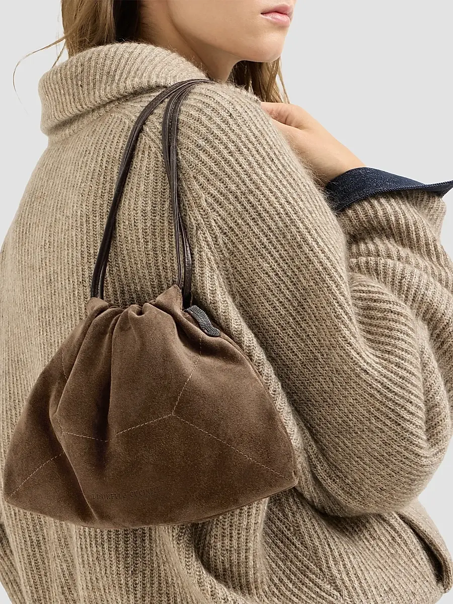 Brunello Cucinelli Women's Pouch Bag in Suede with Monili - Caramel | Thumbnail 2 Brunello Cucinelli Women's Pouch Bag in Suede with Monili - Caramel | Thumbnail 2