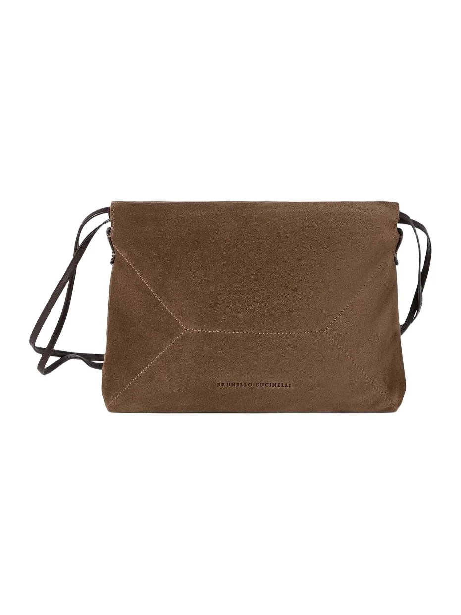 Women's Pouch Bag in Suede with Monili - Caramel