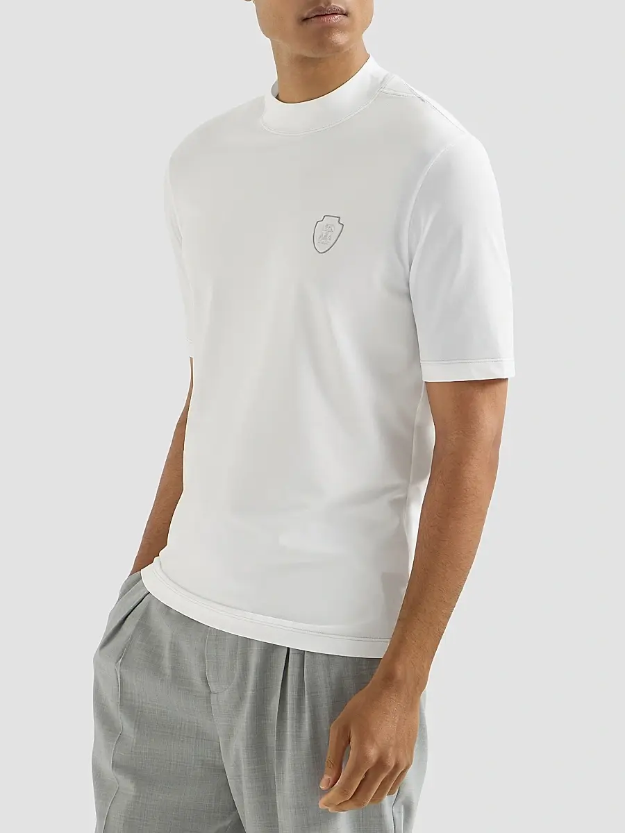 Brunello Cucinelli Men's Techno Piqué Mockneck T-Shirt with Logo - Grey | Thumbnail 3 Brunello Cucinelli Men's Techno Piqué Mockneck T-Shirt with Logo - Grey | Thumbnail 3