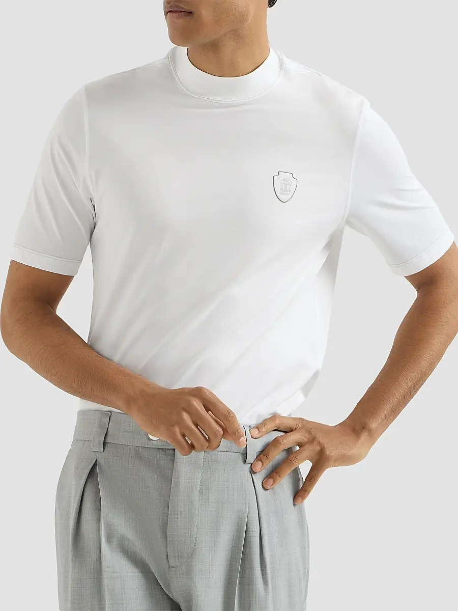 Brunello Cucinelli Men's Techno Piqué Mockneck T-Shirt with Logo - Grey | Thumbnail 5 Brunello Cucinelli Men's Techno Piqué Mockneck T-Shirt with Logo - Grey | Thumbnail 5
