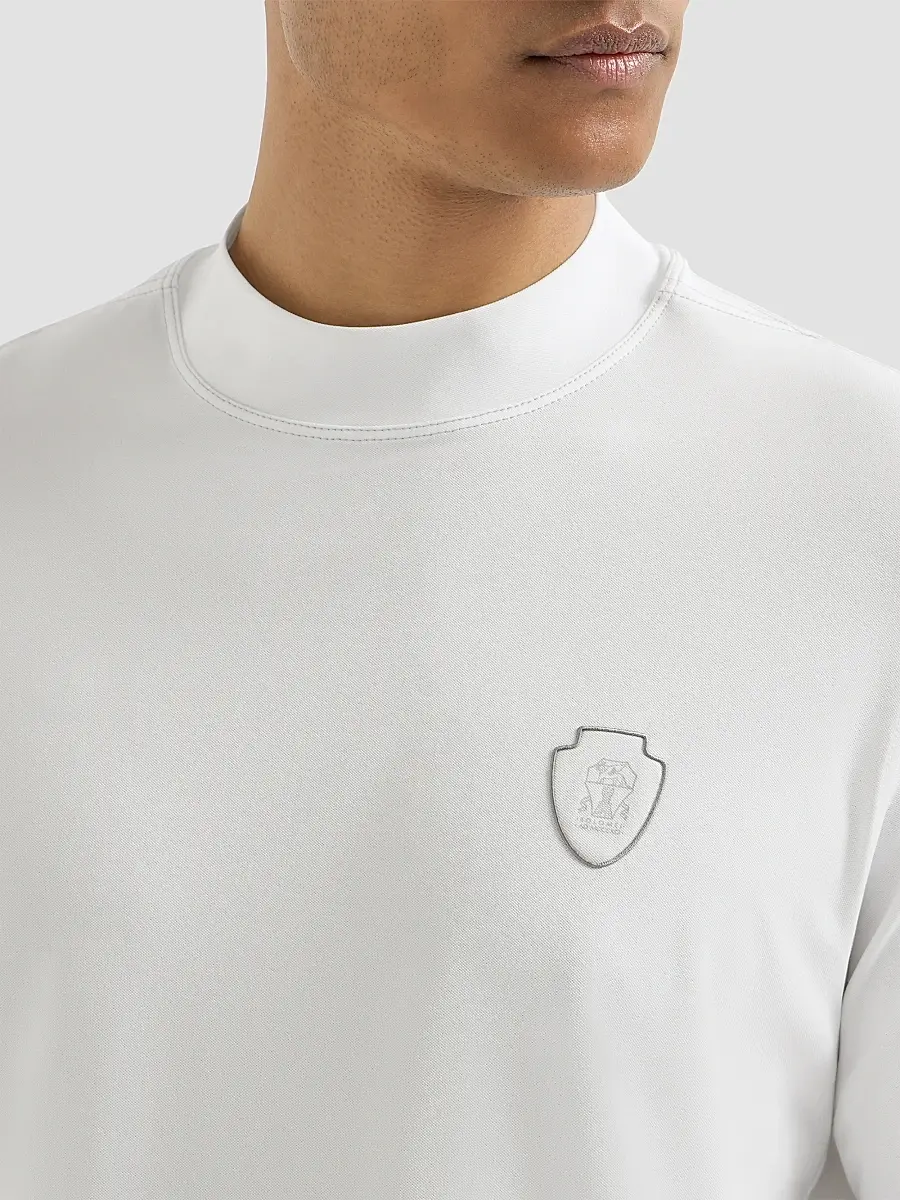 Brunello Cucinelli Men's Techno Piqué Mockneck T-Shirt with Logo - Grey | Thumbnail 6 Brunello Cucinelli Men's Techno Piqué Mockneck T-Shirt with Logo - Grey | Thumbnail 6