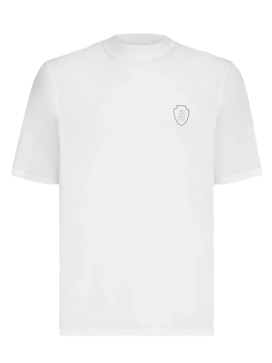 Brunello Cucinelli Men's Techno Piqué Mockneck T-Shirt with Logo - Grey