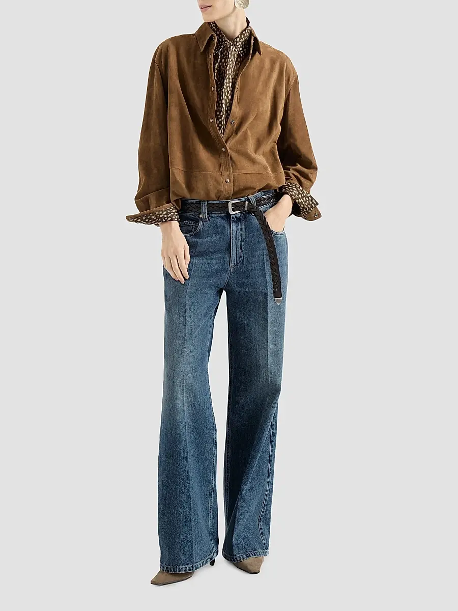 Brunello Cucinelli Women's Suede Shirt with Monili - Light Brown | Thumbnail 2 Brunello Cucinelli Women's Suede Shirt with Monili - Light Brown | Thumbnail 2