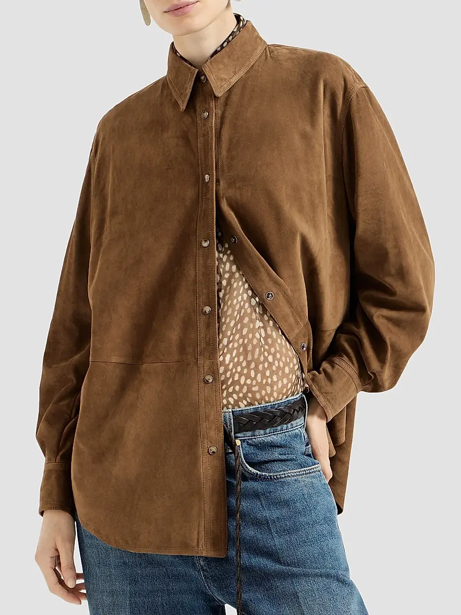 Brunello Cucinelli Women's Suede Shirt with Monili - Light Brown | Thumbnail 3 Brunello Cucinelli Women's Suede Shirt with Monili - Light Brown | Thumbnail 3