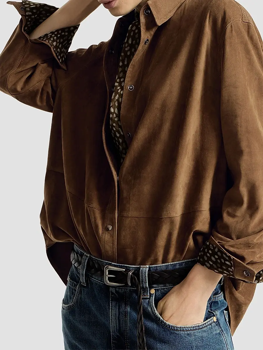 Brunello Cucinelli Women's Suede Shirt with Monili - Light Brown | Thumbnail 5 Brunello Cucinelli Women's Suede Shirt with Monili - Light Brown | Thumbnail 5
