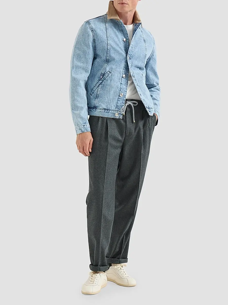 Brunello Cucinelli Men's Virgin Wool Flannel Trousers with Drawstring and Double Pleats - Dark Grey | Thumbnail 2