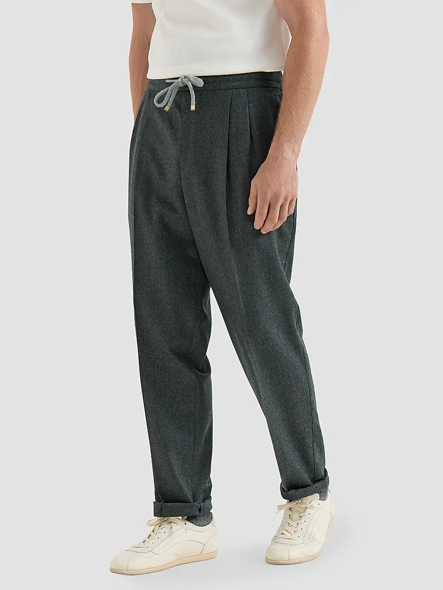 Brunello Cucinelli Men's Virgin Wool Flannel Trousers with Drawstring and Double Pleats - Dark Grey | Thumbnail 3
