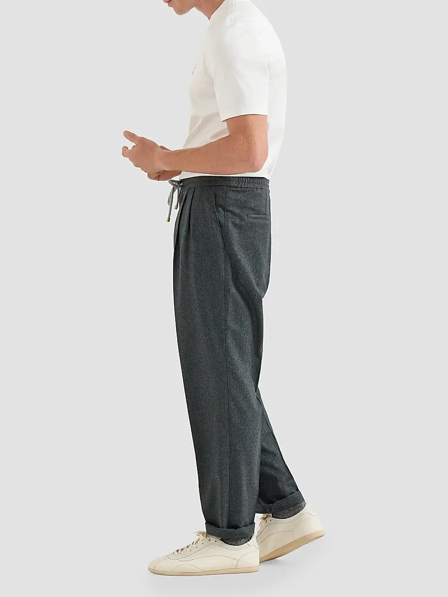 Brunello Cucinelli Men's Virgin Wool Flannel Trousers with Drawstring and Double Pleats - Dark Grey | Thumbnail 4
