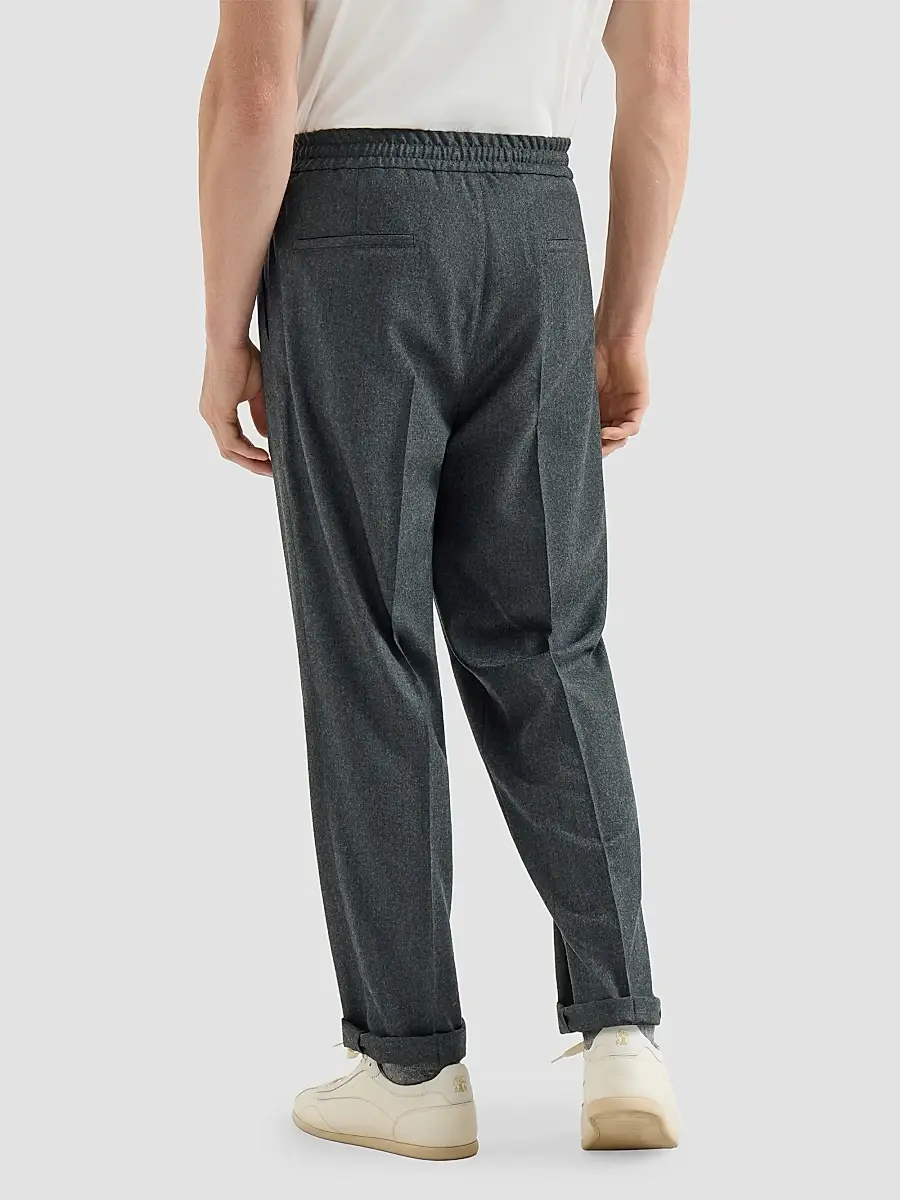 Brunello Cucinelli Men's Virgin Wool Flannel Trousers with Drawstring and Double Pleats - Dark Grey | Thumbnail 5