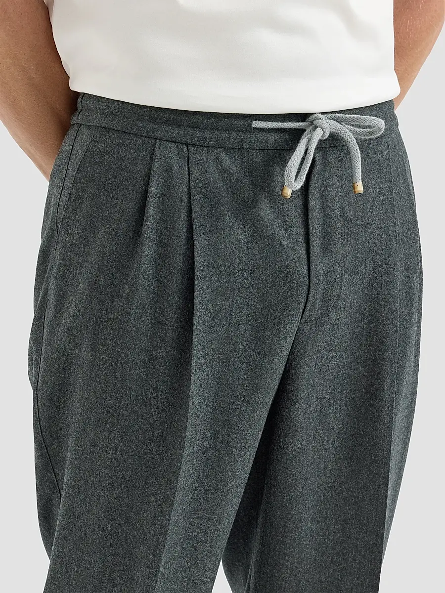 Brunello Cucinelli Men's Virgin Wool Flannel Trousers with Drawstring and Double Pleats - Dark Grey | Thumbnail 6