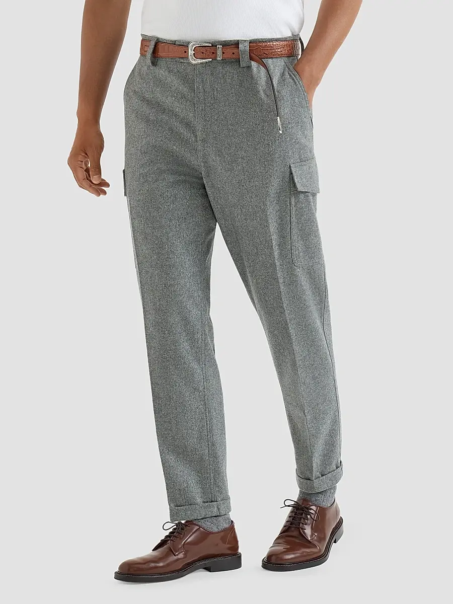 Brunello Cucinelli Men's Virgin Wool Flannel Trousers with Cargo Pockets - Medium Grey | Thumbnail 2 Brunello Cucinelli Men's Virgin Wool Flannel Trousers with Cargo Pockets - Medium Grey | Thumbnail 2