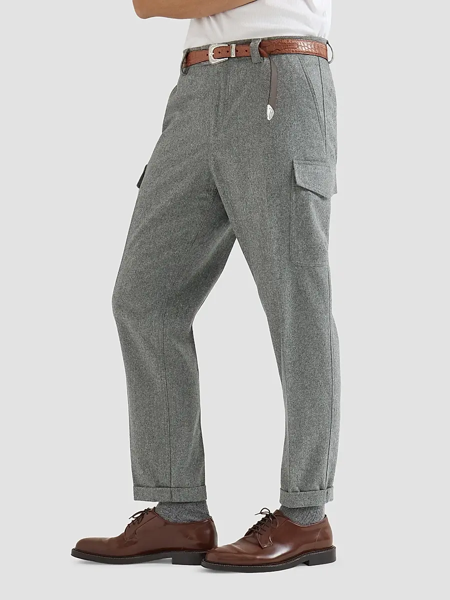 Brunello Cucinelli Men's Virgin Wool Flannel Trousers with Cargo Pockets - Medium Grey | Thumbnail 3 Brunello Cucinelli Men's Virgin Wool Flannel Trousers with Cargo Pockets - Medium Grey | Thumbnail 3