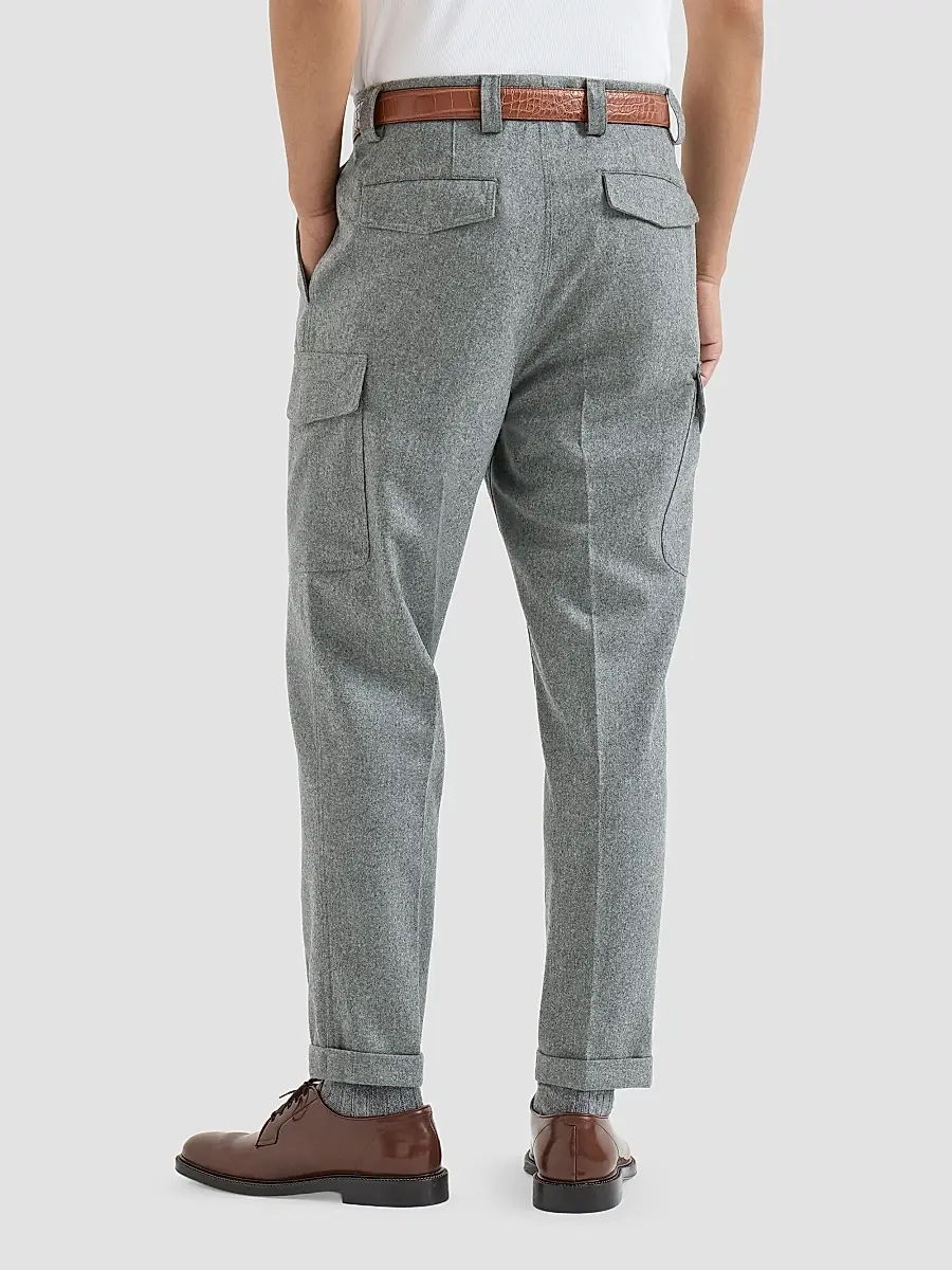 Brunello Cucinelli Men's Virgin Wool Flannel Trousers with Cargo Pockets - Medium Grey | Thumbnail 4 Brunello Cucinelli Men's Virgin Wool Flannel Trousers with Cargo Pockets - Medium Grey | Thumbnail 4