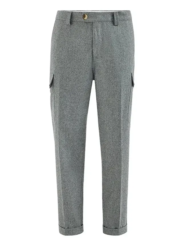 Brunello Cucinelli Men's Virgin Wool Flannel Trousers with Cargo Pockets - Medium Grey