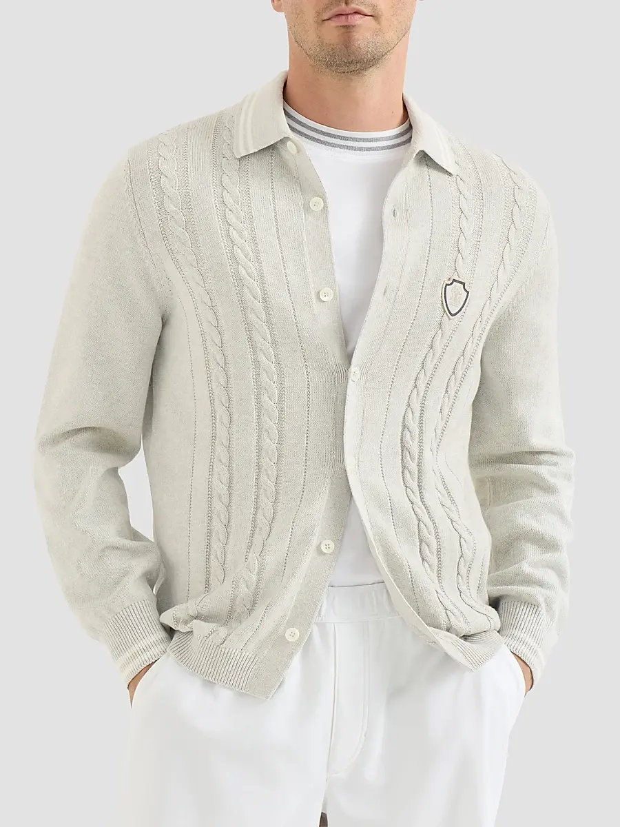 Brunello Cucinelli Men's Cotton Cable Knit Shirt with Logo - White | Thumbnail 3 Brunello Cucinelli Men's Cotton Cable Knit Shirt with Logo - White | Thumbnail 3
