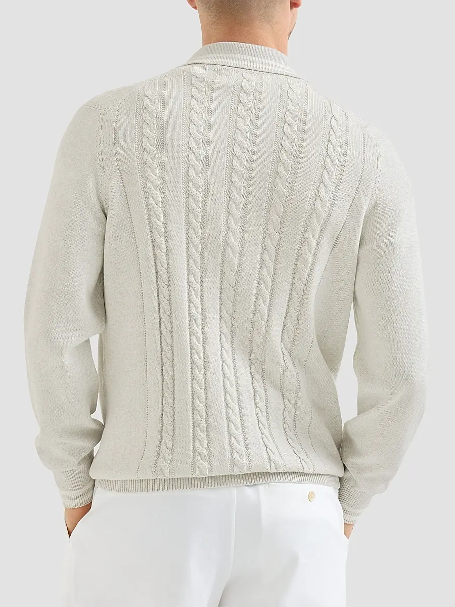 Brunello Cucinelli Men's Cotton Cable Knit Shirt with Logo - White | Thumbnail 4 Brunello Cucinelli Men's Cotton Cable Knit Shirt with Logo - White | Thumbnail 4