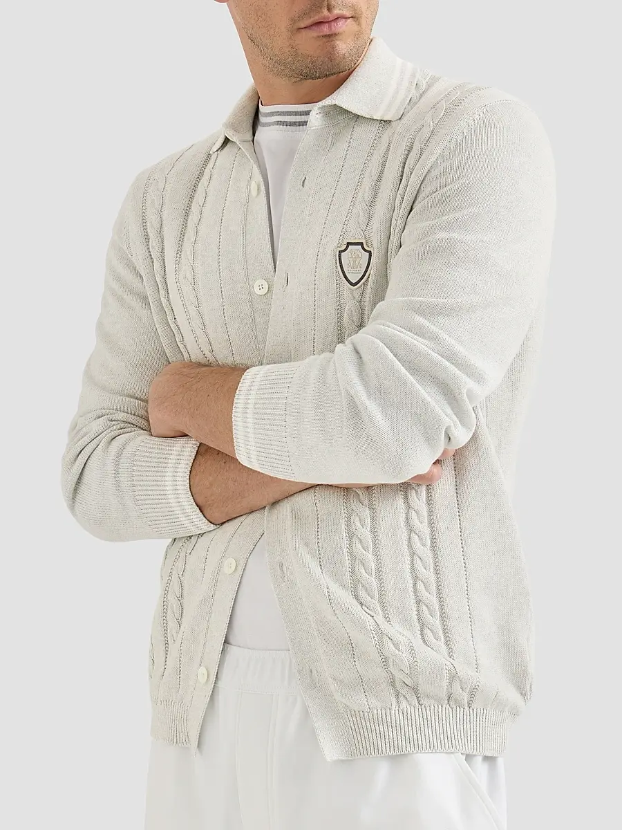 Brunello Cucinelli Men's Cotton Cable Knit Shirt with Logo - White | Thumbnail 5 Brunello Cucinelli Men's Cotton Cable Knit Shirt with Logo - White | Thumbnail 5