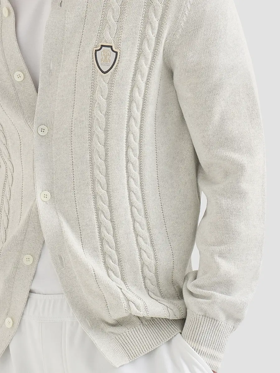 Brunello Cucinelli Men's Cotton Cable Knit Shirt with Logo - White | Thumbnail 6 Brunello Cucinelli Men's Cotton Cable Knit Shirt with Logo - White | Thumbnail 6