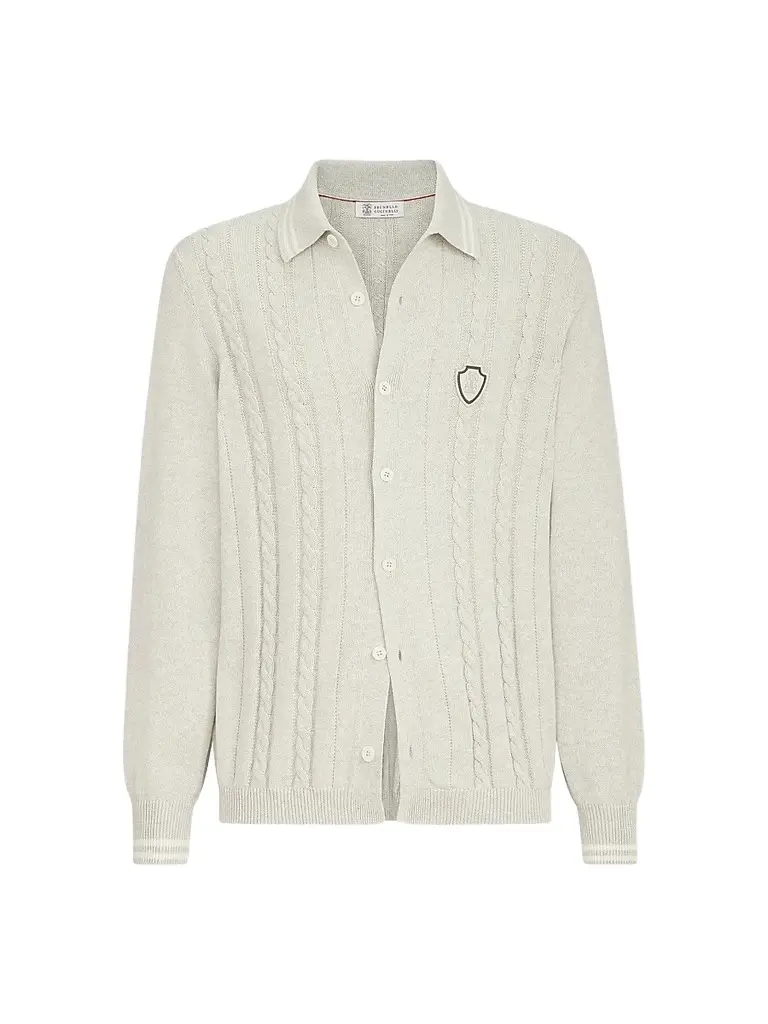 Brunello Cucinelli Men's Cotton Cable Knit Shirt with Logo - White