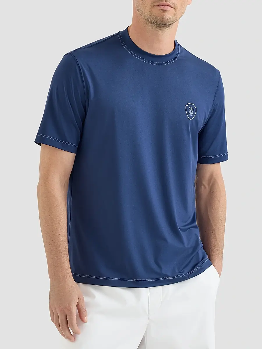 Brunello Cucinelli Men's Comfort Nylon Crewneck T-Shirt with Logo - Avio Blue | Thumbnail 3