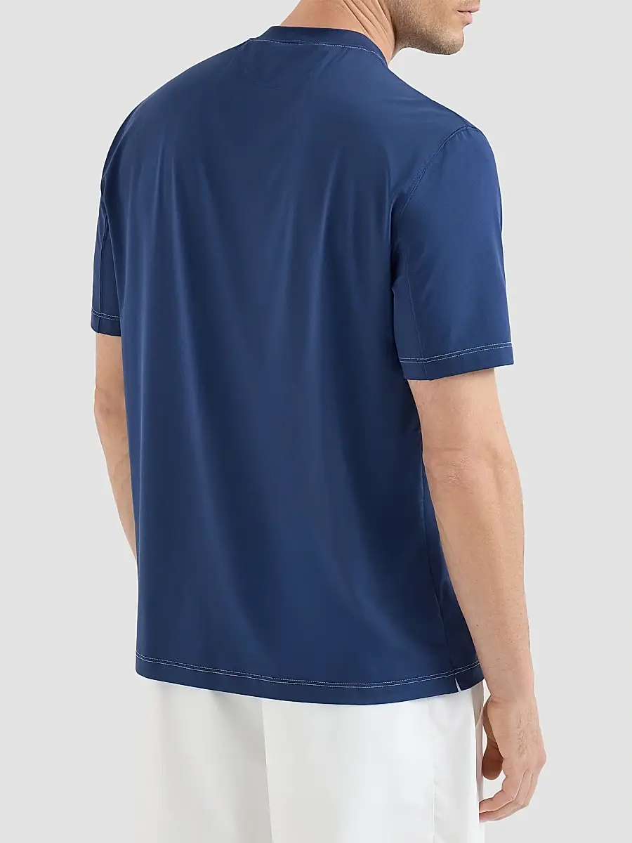 Brunello Cucinelli Men's Comfort Nylon Crewneck T-Shirt with Logo - Avio Blue | Thumbnail 4