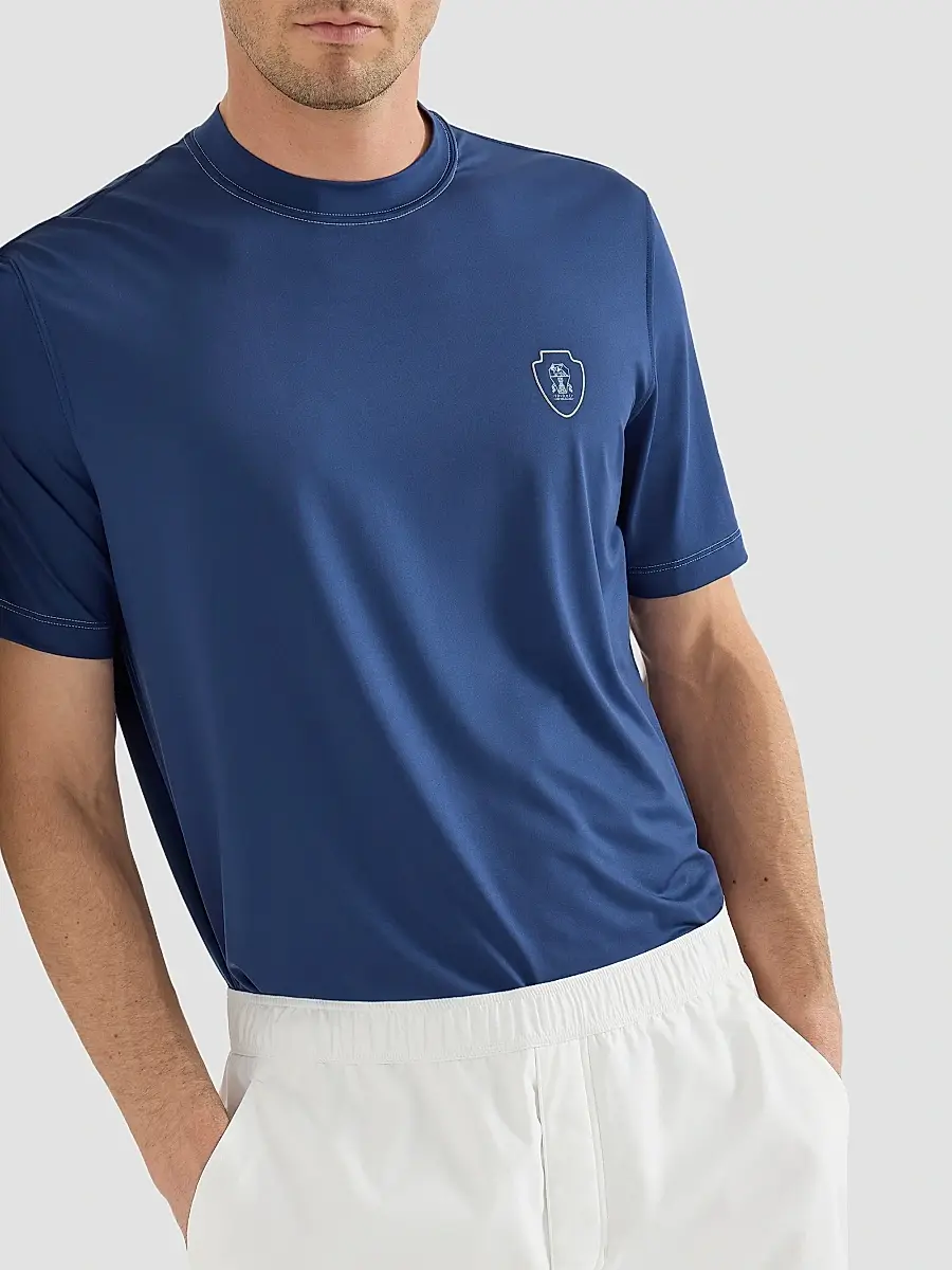 Brunello Cucinelli Men's Comfort Nylon Crewneck T-Shirt with Logo - Avio Blue | Thumbnail 5