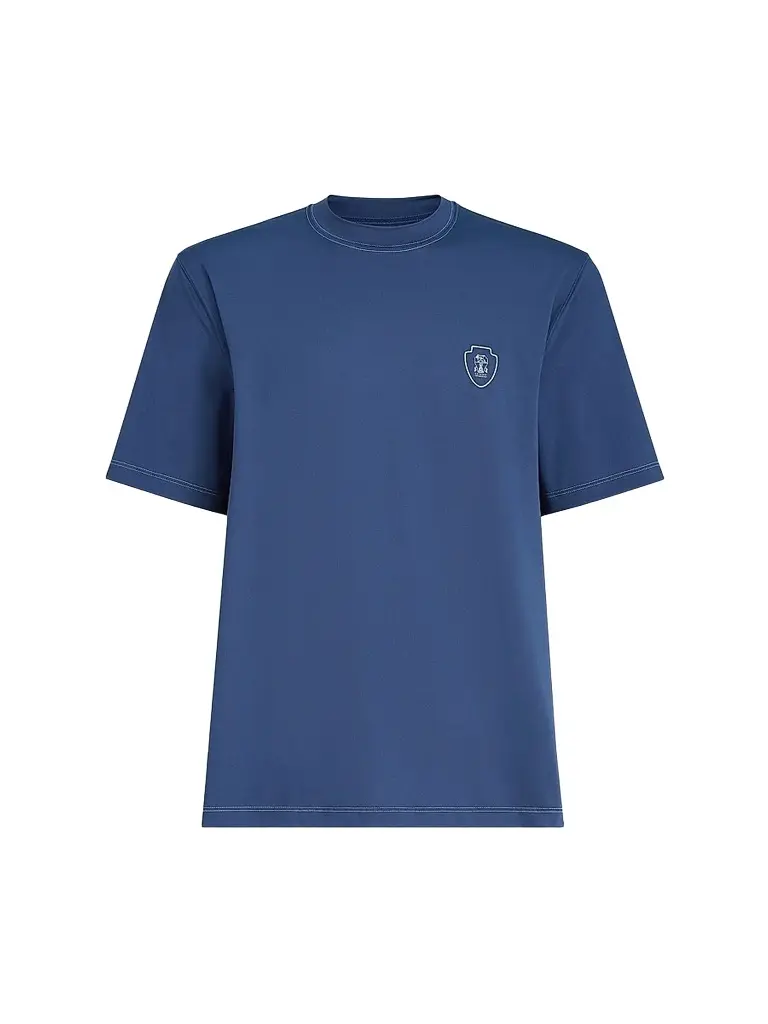 Brunello Cucinelli Men's Comfort Nylon Crewneck T-Shirt with Logo - Avio Blue
