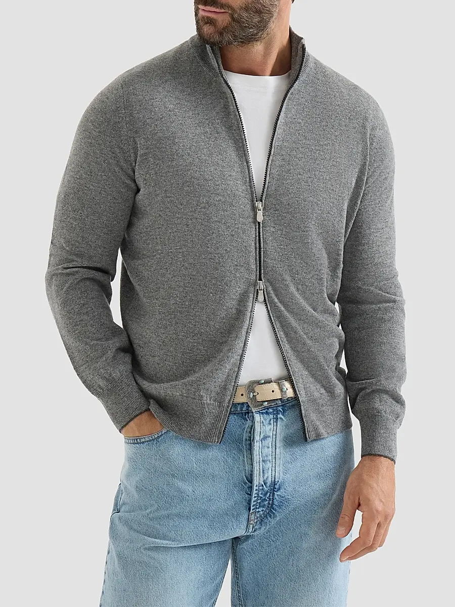 Brunello Cucinelli Men's Cashmere High-Neck Cardigan with Zipper - Grey | Thumbnail 3 Brunello Cucinelli Men's Cashmere High-Neck Cardigan with Zipper - Grey | Thumbnail 3