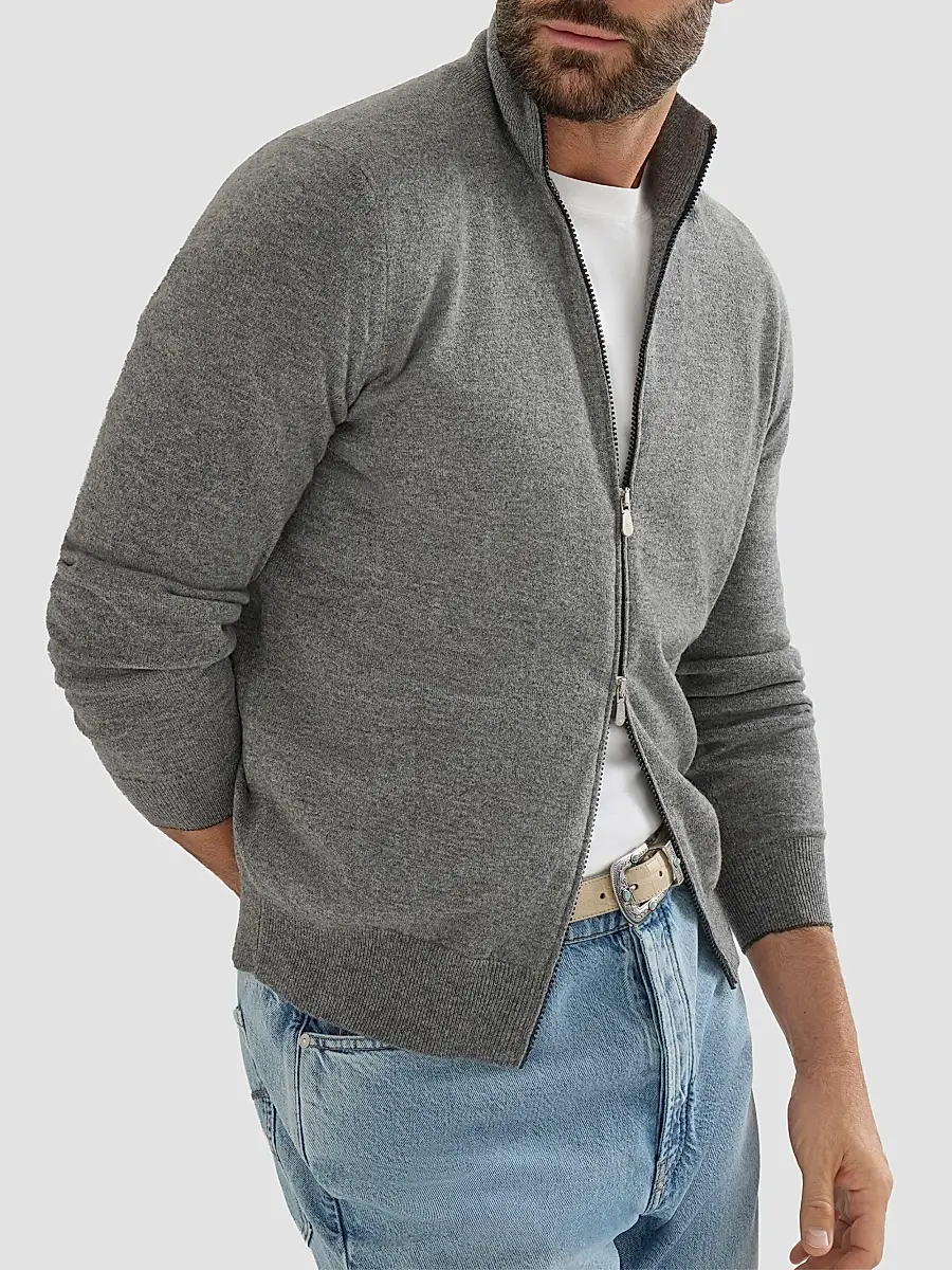 Brunello Cucinelli Men's Cashmere High-Neck Cardigan with Zipper - Grey | Thumbnail 5 Brunello Cucinelli Men's Cashmere High-Neck Cardigan with Zipper - Grey | Thumbnail 5