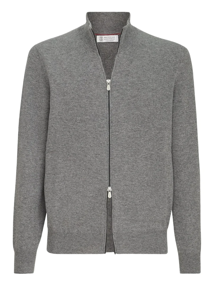 Brunello Cucinelli Men's Cashmere High-Neck Cardigan with Zipper - Grey
