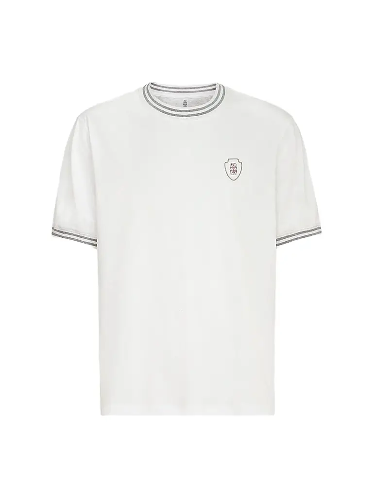 Brunello Cucinelli Men's Cotton Jersey Crew Neck T-Shirt with Logo - White