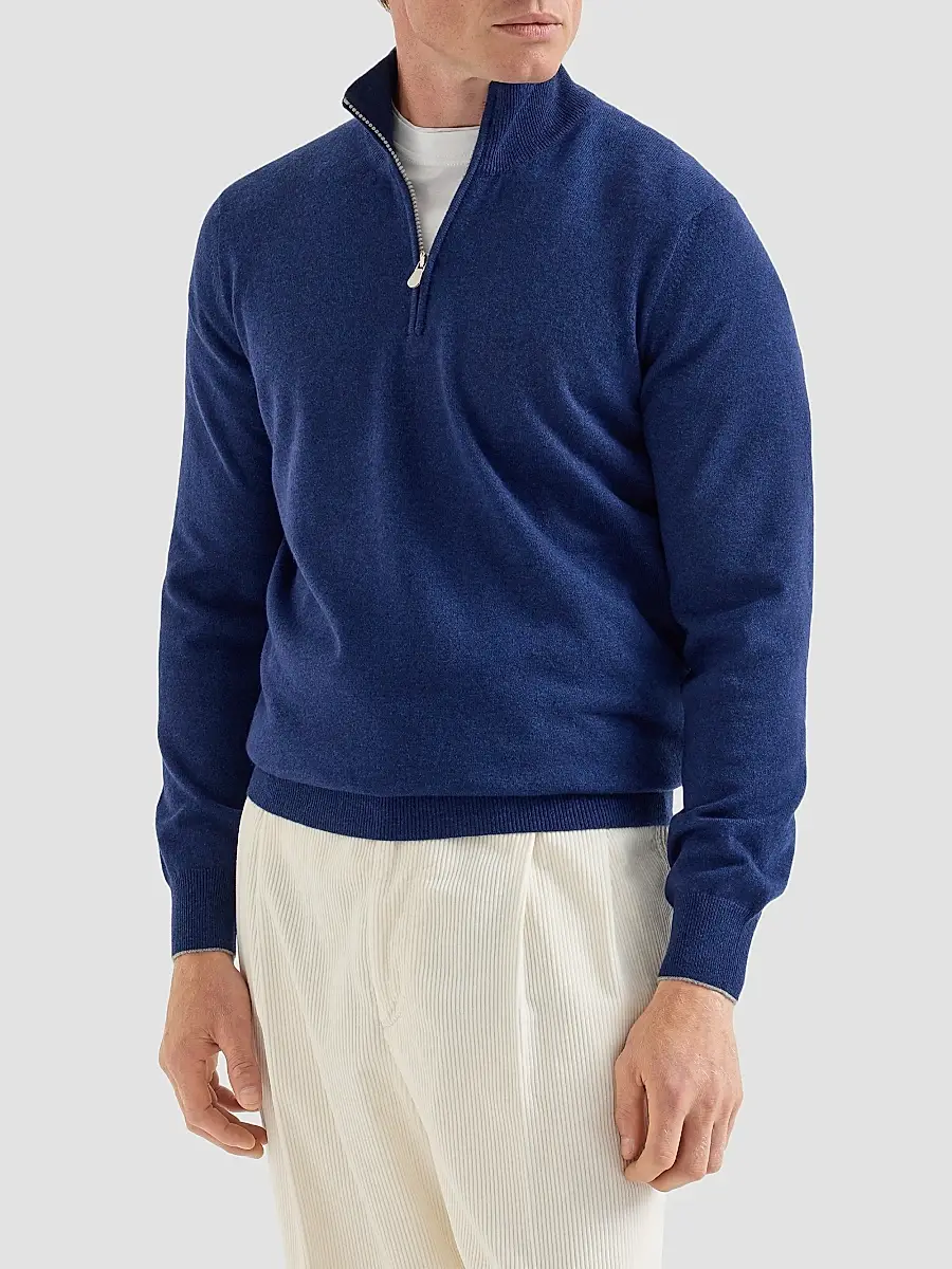 Brunello Cucinelli Men's Cashmere Sweater with Half Zip - Blue | Thumbnail 3 Brunello Cucinelli Men's Cashmere Sweater with Half Zip - Blue | Thumbnail 3