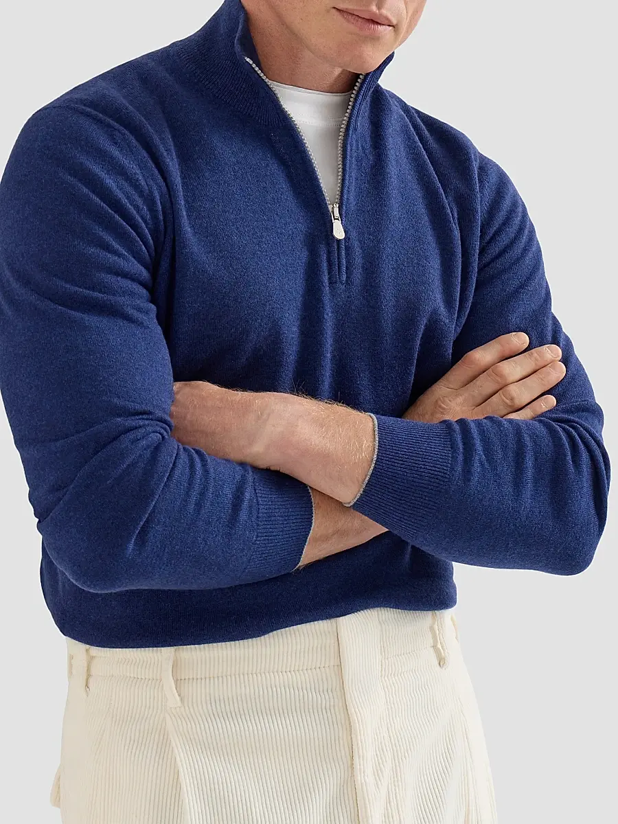 Brunello Cucinelli Men's Cashmere Sweater with Half Zip - Blue | Thumbnail 5 Brunello Cucinelli Men's Cashmere Sweater with Half Zip - Blue | Thumbnail 5