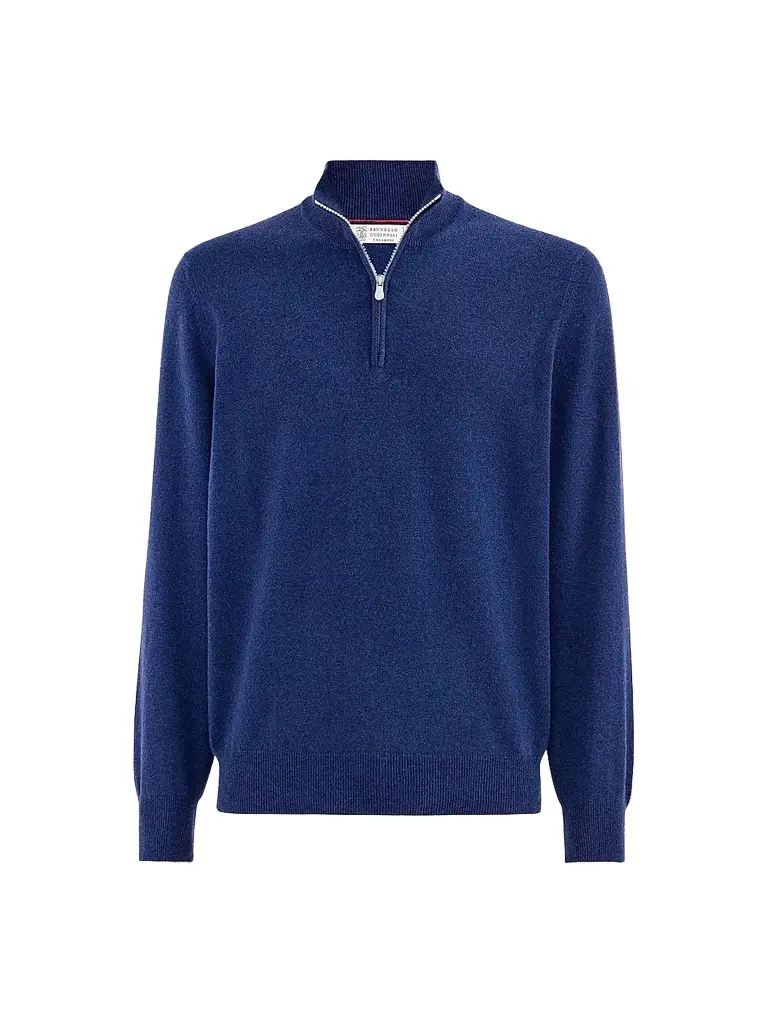 Brunello Cucinelli Men's Cashmere Sweater with Half Zip - Blue