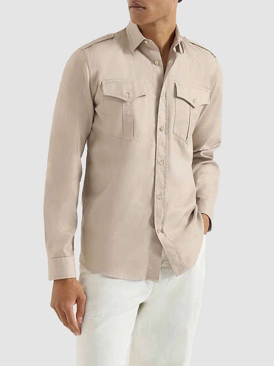 Brunello Cucinelli Men's Garment-Dyed Shirt in Cotton Chevron with Spread Collar - Beige | Thumbnail 3 Brunello Cucinelli Men's Garment-Dyed Shirt in Cotton Chevron with Spread Collar - Beige | Thumbnail 3