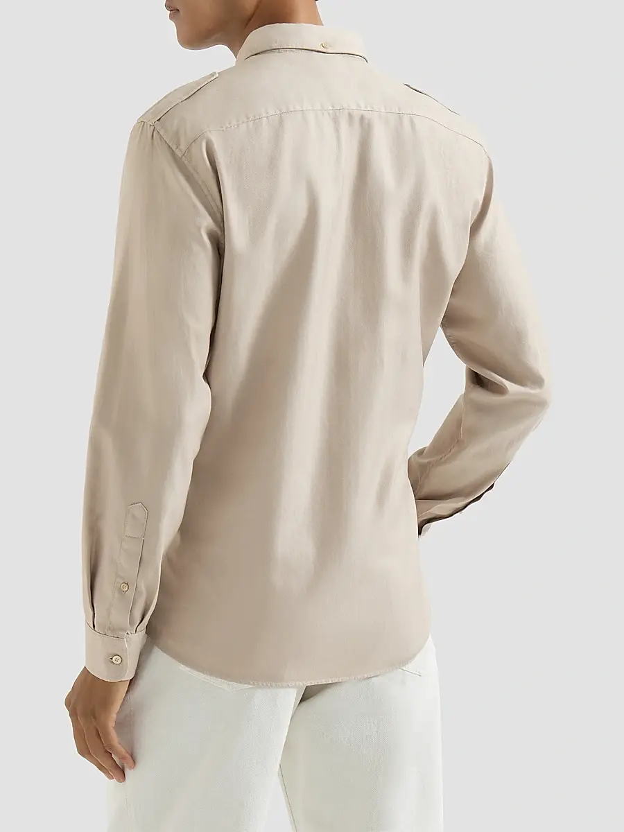 Brunello Cucinelli Men's Garment-Dyed Shirt in Cotton Chevron with Spread Collar - Beige | Thumbnail 4 Brunello Cucinelli Men's Garment-Dyed Shirt in Cotton Chevron with Spread Collar - Beige | Thumbnail 4