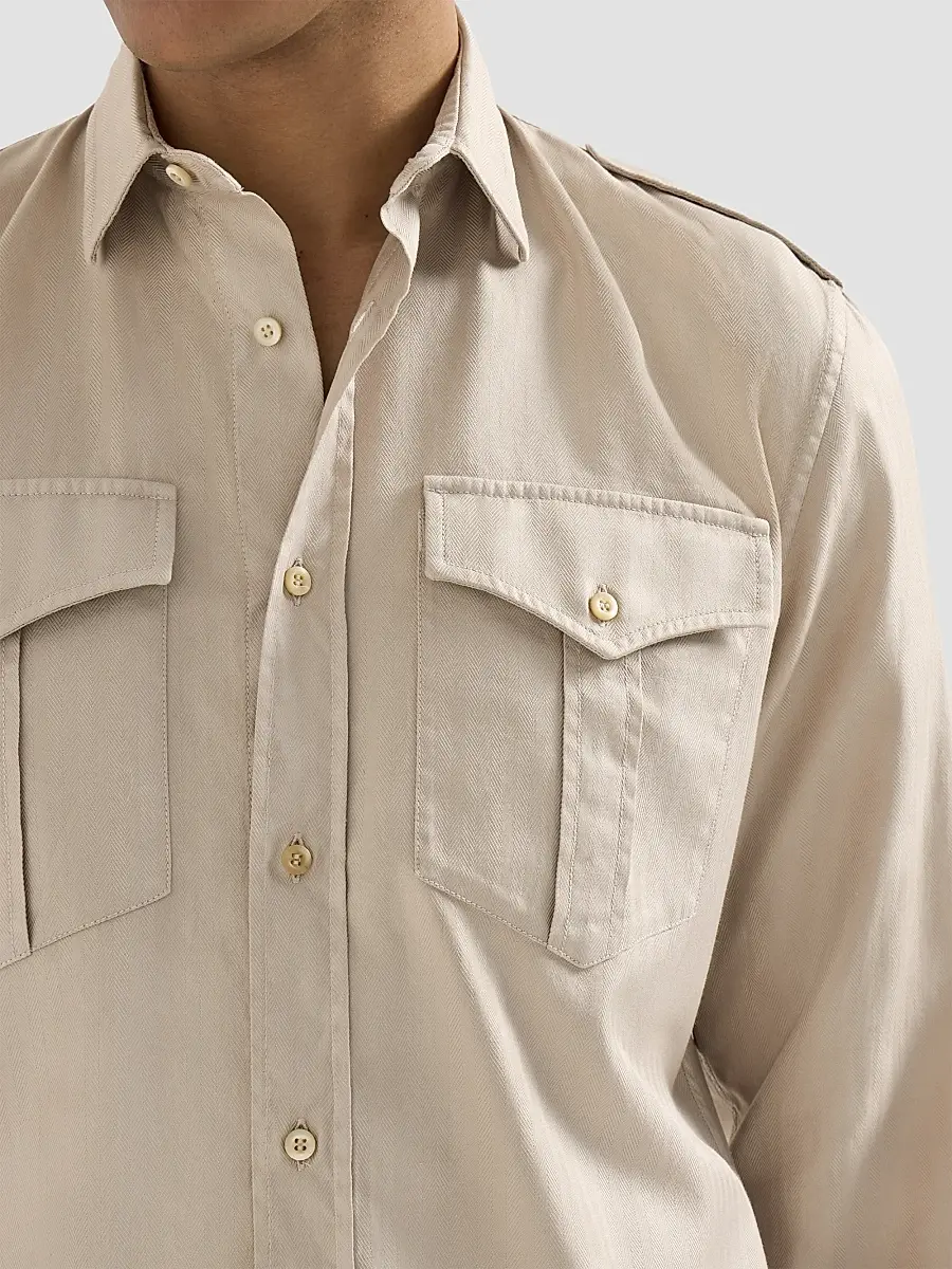 Brunello Cucinelli Men's Garment-Dyed Shirt in Cotton Chevron with Spread Collar - Beige | Thumbnail 5 Brunello Cucinelli Men's Garment-Dyed Shirt in Cotton Chevron with Spread Collar - Beige | Thumbnail 5