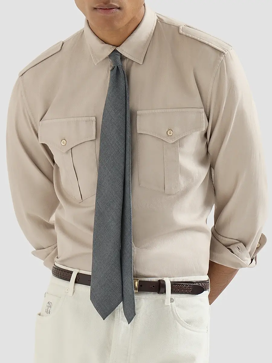 Brunello Cucinelli Men's Garment-Dyed Shirt in Cotton Chevron with Spread Collar - Beige | Thumbnail 6 Brunello Cucinelli Men's Garment-Dyed Shirt in Cotton Chevron with Spread Collar - Beige | Thumbnail 6