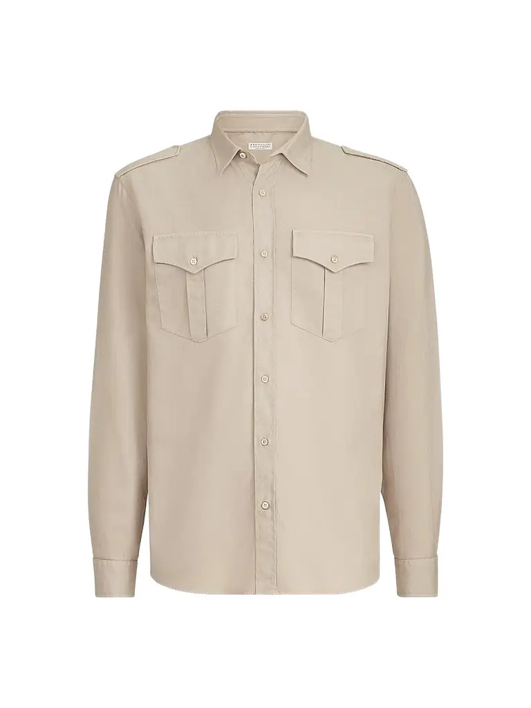 Men's Garment-Dyed Shirt in Cotton Chevron with Spread Collar - Beige Men's Garment-Dyed Shirt in Cotton Chevron with Spread Collar - Beige