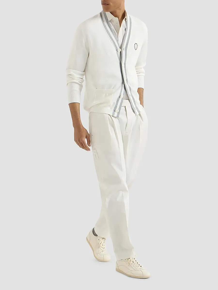 Brunello Cucinelli Men's Cotton Cardigan with Logo - White | Thumbnail 2