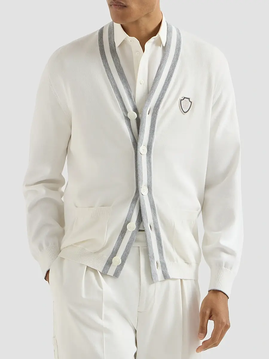 Brunello Cucinelli Men's Cotton Cardigan with Logo - White | Thumbnail 3