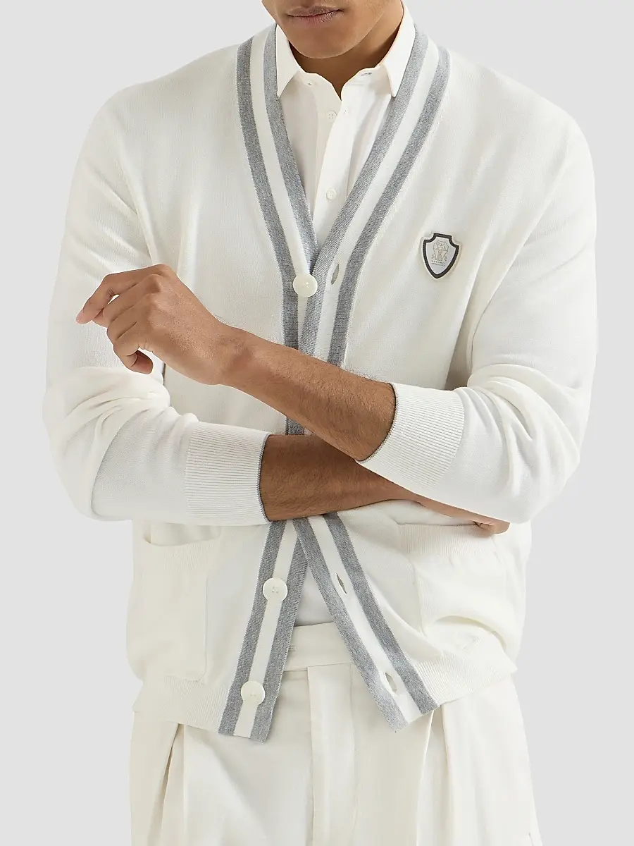 Brunello Cucinelli Men's Cotton Cardigan with Logo - White | Thumbnail 5